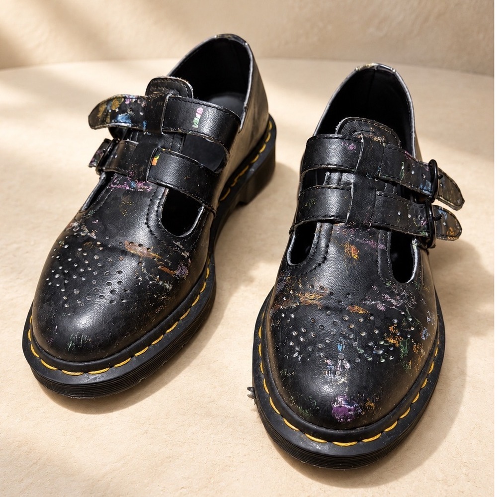 Dr. Martens 8065 Paint Splatter Mary Jane Black Leather Double Strap Shoes C5